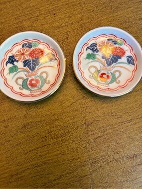 Vintage Arita Imari Fan Fine Porcelain Coasters - Pair of 2 - Japan